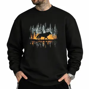 Black Long Sleeve Sweatshirt Featuring Graphic Wolf Nature Print for Adults