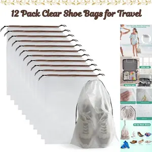 12 Pack Clear Shoe Bags for Travel, Drawstring Waterproof Dustproof Shoe Storage Organizer, Portable Packing Pouches for Sneakers Heels Men Women Travel Essentials