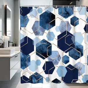 Blue Shower Curtain Navy Blue Modern Abstract Geometric Grid Bathroom Curtain Sets for Bathtub Home Decor, Waterproof Fabric with Hooks
