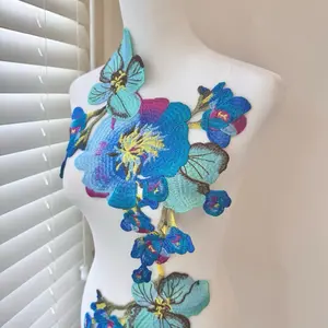 Blue and pink Applique (21” x 12”) Big Patch Embroidered Flowers, Dance Costume, Ballet, Couture Gowns Garments Kids Dress