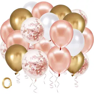 33 Feet Rose Gold Ribbon Rose Gold Confetti Latex Balloons 50 pack 12 inch Birthday Balloons Party Wedding Bridal Shower Decor