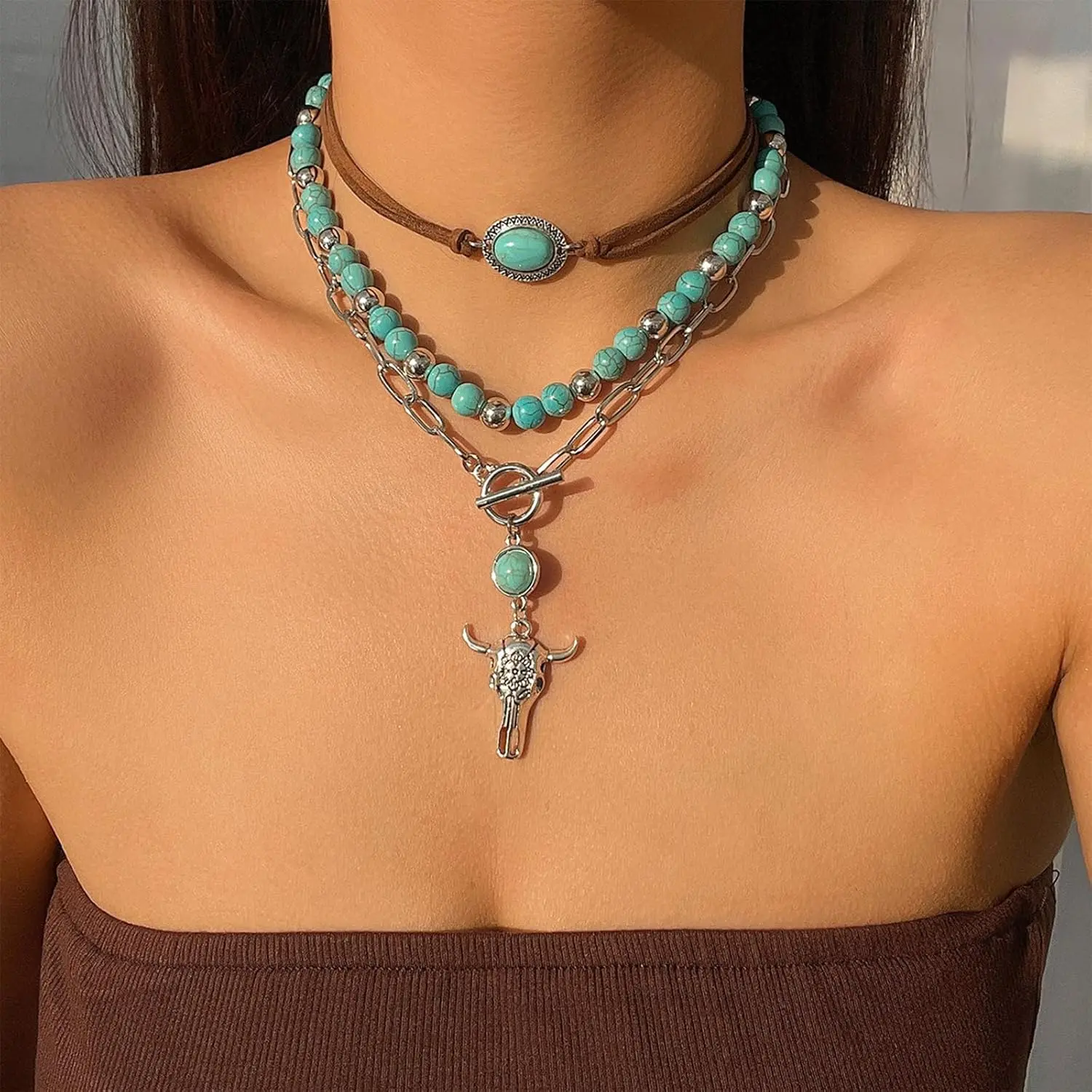 Western Jewelry Turquoise Necklaces for Women Boho Necklaces for Women Rodeo Country Concert Outfits Layered Leather Choker Necklace Western Outfit Accessories