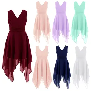 Kids Girls V Neck Sleeveless Asymmetric A-line Chiffon Prom Party Dress