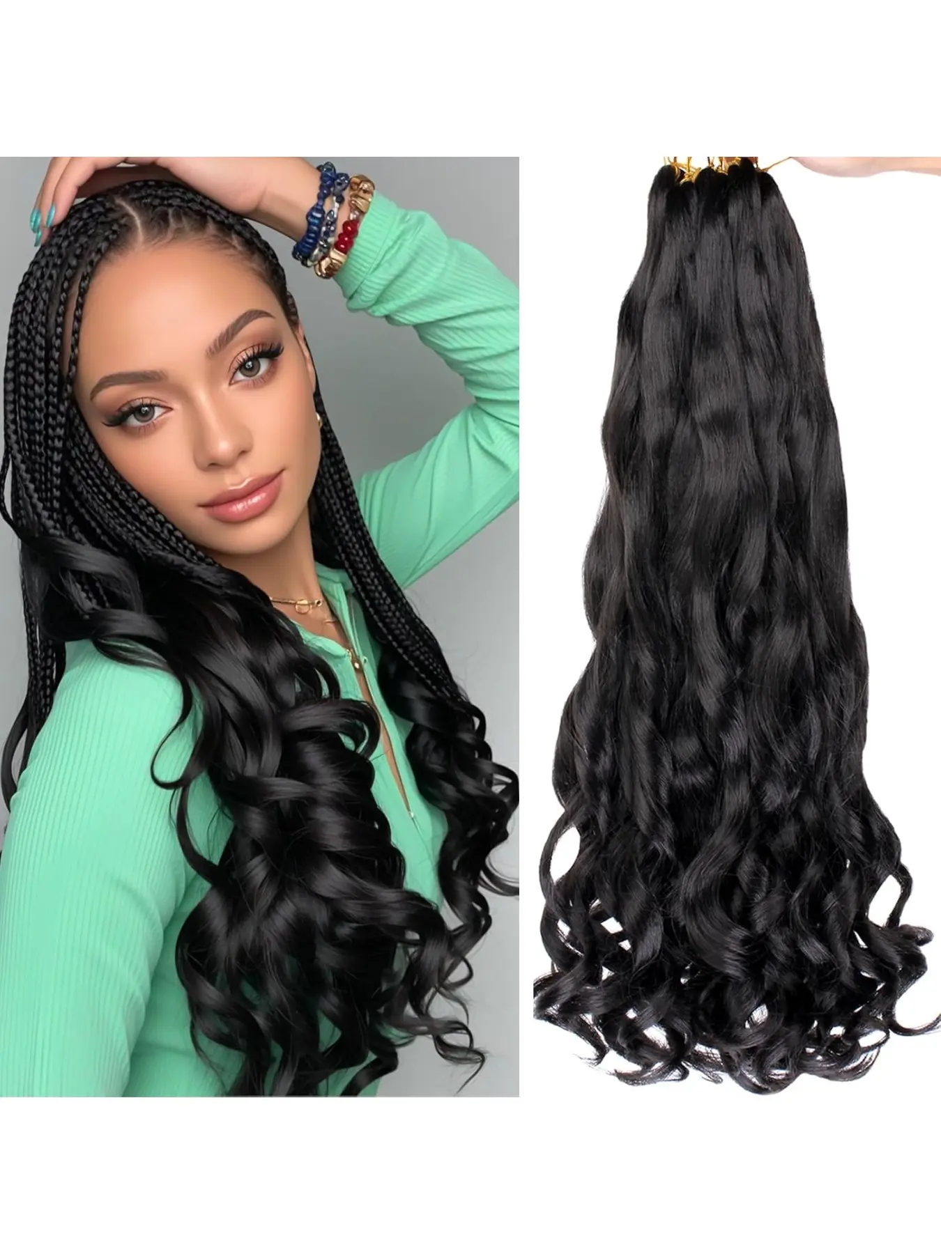 French Curl 24inch 6 Packs Braided Hair Extensions, Pre-Stretched Wavy Hook-In Hair, Natural Volume for Black Women, Synthetic Curly Hair Pieces