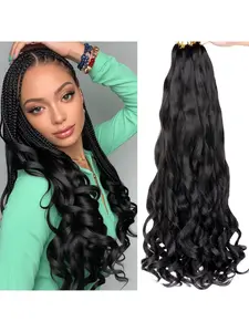 French Curl 24inch 6 Packs Braided Hair Extensions, Pre-Stretched Wavy Hook-In Hair, Natural Volume for Black Women, Synthetic Curly Hair Pieces
