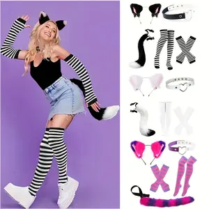 Cute Cat Cosplay Costume Set, Includes Tail, Cat Ear Headband, Heart PU Leather Collar, Arm Sleeves, Striped Socks, Halloween Carnival Role Play