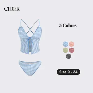 Cider Gingham Tankini Bikini Set – V-Neck Bowknot 2 Piece Swimsuit with Tummy Control， Lettuce Trim Detail for Beach Vacations & Pool Parties