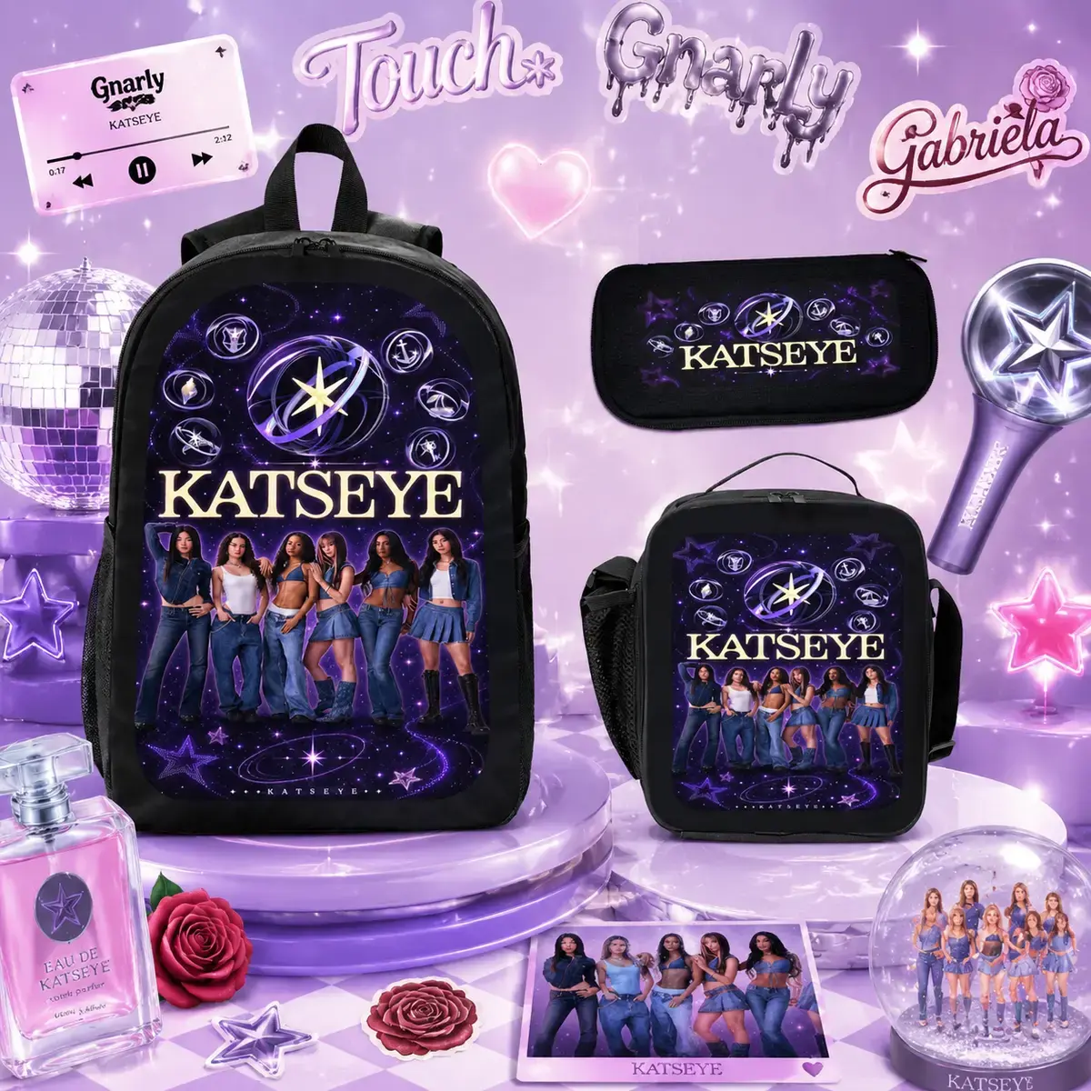 KATSEYE 3PCS Backpack Set for Teen Girls Boys, Large Capacity Pink School Bag with Lunch Box & Pencil Case, Lightweight Travel Daypack for Girl Group Fans, Back to School Gift, Graduation Gift, Gift for Girlfriend, Cute Bookbag for Music Fans