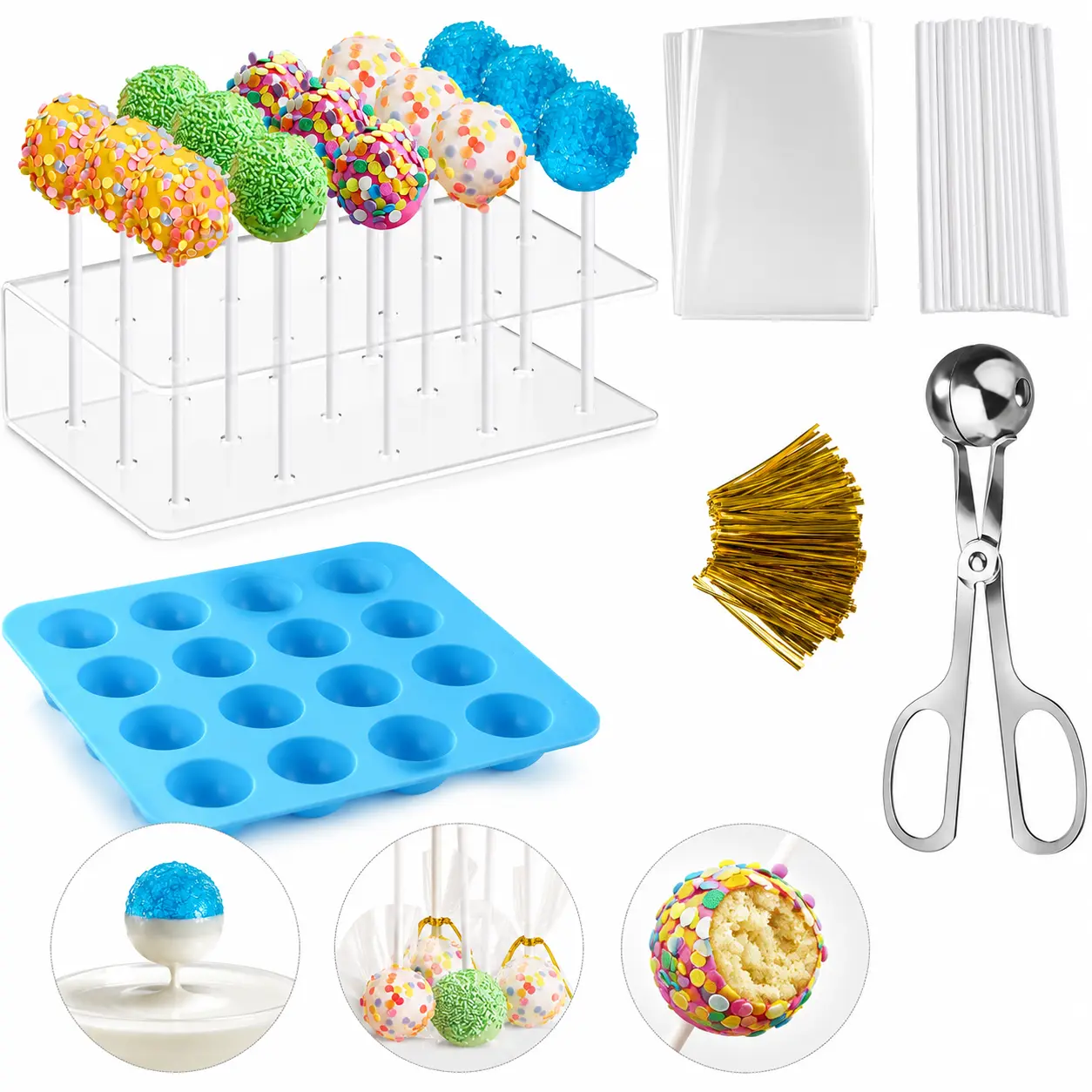 Cake Pop Kit - Includes Silicone Mold, Acrylic Display Stand, Bags, Lollipop Sticks and Metal Twist Ties, All-in-One Cake Pop Making Supplies for Birthday Party Favors, Wedding, DIY Treats