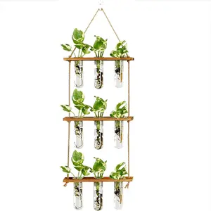 SAN Tread Wall Hanging Propagation Station with Wooden Stand and 9 Glass Test Tubes, Tiered Planter Wall Terrarium for Hydroponic Cuttings, Flowers and Indoor Plants, Home Office Wall Decor