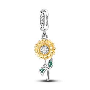 MULA 925 Sterling Silver sunflower charm | 18K gold-plated petals and shiny zircon | Natural style jewelry | Suitable for Pandora bracelets and necklaces | Elegant gift for women
