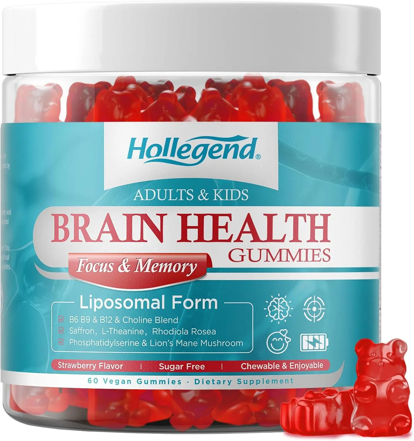 Brain Supplement Gummies, Choline + Phosphatidylserine + Vitamins | 16-in-1 Brain Supplement for Memory and Focus Support, Adults , Sugar Free, Organic, Strawberry, 60 Vegan Chewables
