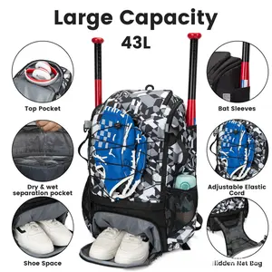 Game Ready Waterproof Baseball Backpack for Men & Women Large Capacity 43L Sports Backpack with Bat Holder Crossbody Gym Bag Lightweight Hiking Backpack for Travel College