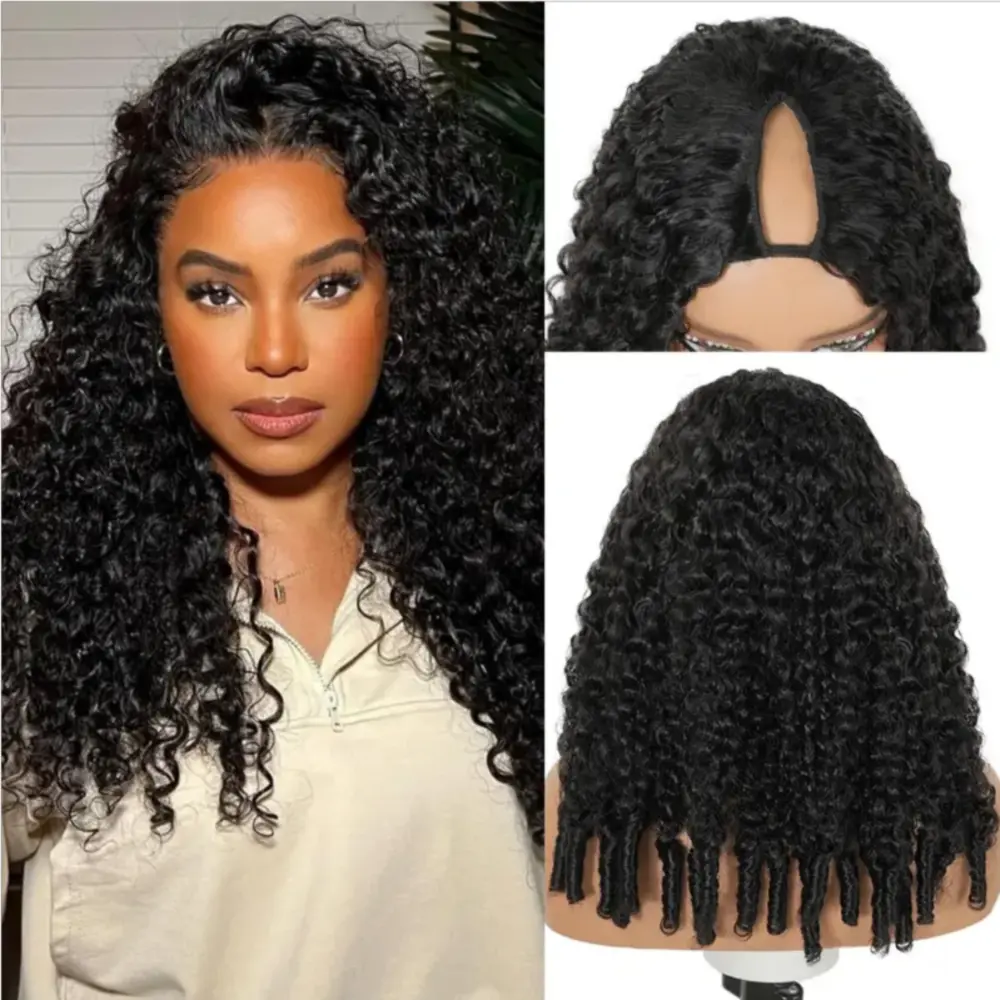 Female Burmese Curly Deep Waves 250% Density V-Part Glueless Human Hair Full Machine Wig with Drawstring, No Leave Out U-Part Full Head Fashion Accessory
