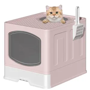 Extra Large Foldable Cat Litter Box with Litter Scoop, Front Entry Top Exit Cat Litter Pan with Lid, Enclosed Anti-Splashing Kitty Litter Box, Drawer Type Cat Litter Easy Cleaning and Scoop, Pink