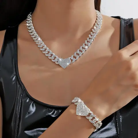 Rhinestone Heart Decor Chain Necklace & Bracelet, Hip Hop Style Vintage Elegant Jewelry Set, Cool Chunky Cuban Chain, for Party, Daily Decor, Trendy Jewelry for Gift, Valentine's Day, Gift, Jewellery Gift Set