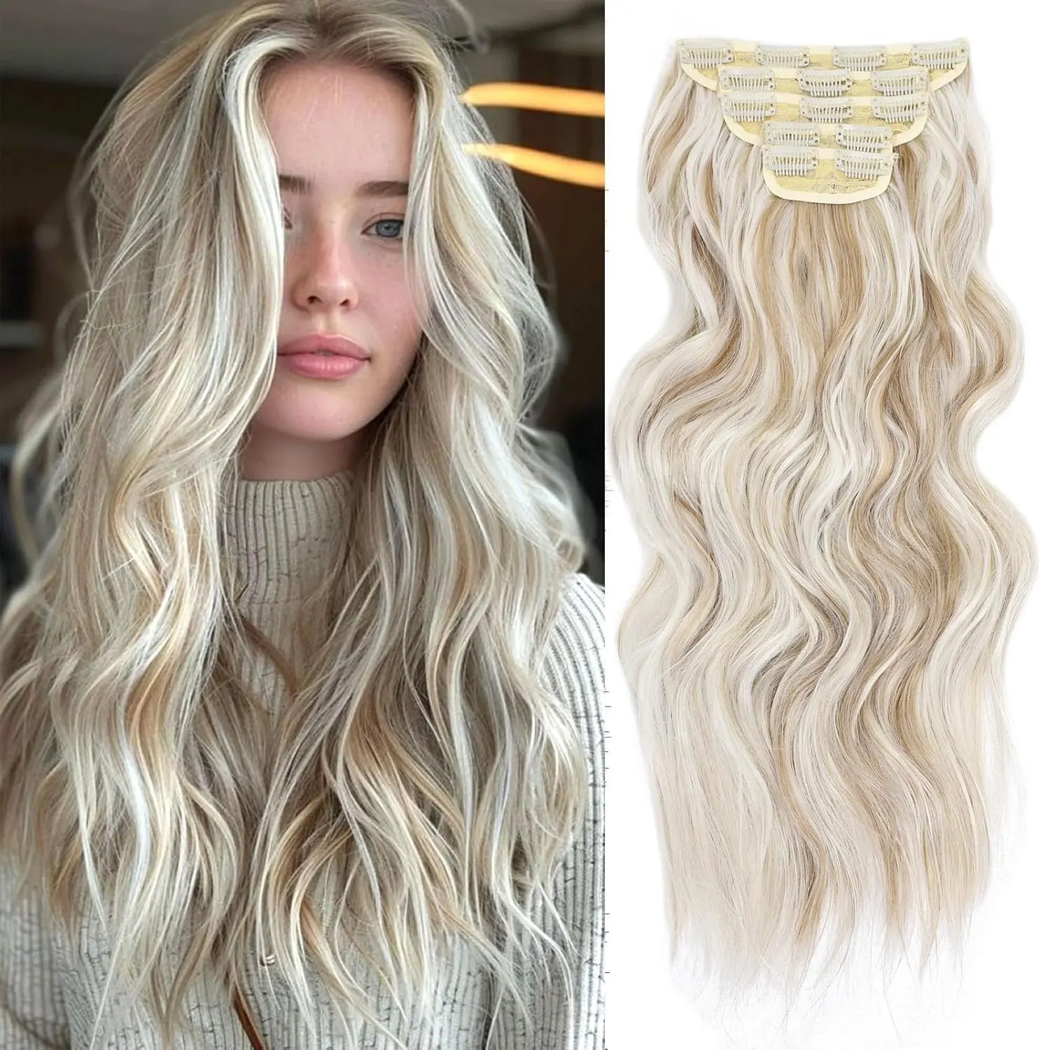 Clip in Hair Extensions, 4PCS Blonde Hair Extensions 20"&24" Thick Long Beach Waves hair extensions Invisible Lace Weft Natural Soft Hairpieces for Women – Ash Blonde with Highlights