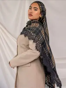 Boho Style Long Plaid Scarf with Lace Trim, Breathable Outdoor Headscarf Shawl, Casual Fitted Wrap for All Seasons, Turban Hijab, For Muslim, Perfect Birthday Gift