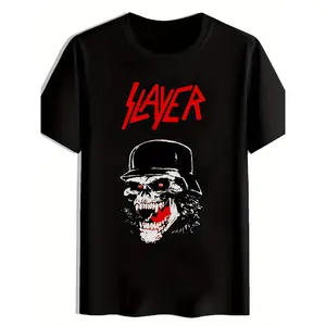Men'S SLAYER Graphic T-Shirt - Black Summer Casual Crew Neck Short Sleeve Tee with Bold Red Lettering & Skull Design, Lightweight Polyester Fabric for Casual Attire, Band Merchandise| Edgy Casualwear| Glossy Finish Shir