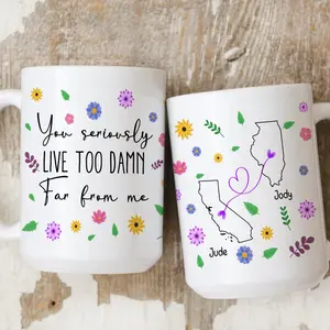 Long Distance Friend Gifts You Seriously Live Too Damn Far From Me Custom State To State Mug Best Friends Mug Soul Sisters Mug Bff Gift