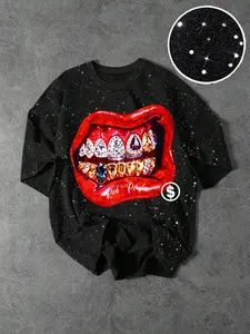 Men's Casual Short Sleeve T-Shirt, Bold Lip Print, Teeth & Dollar Sign, Silver Color Fabric, Slim Fit, Summer Streetwear