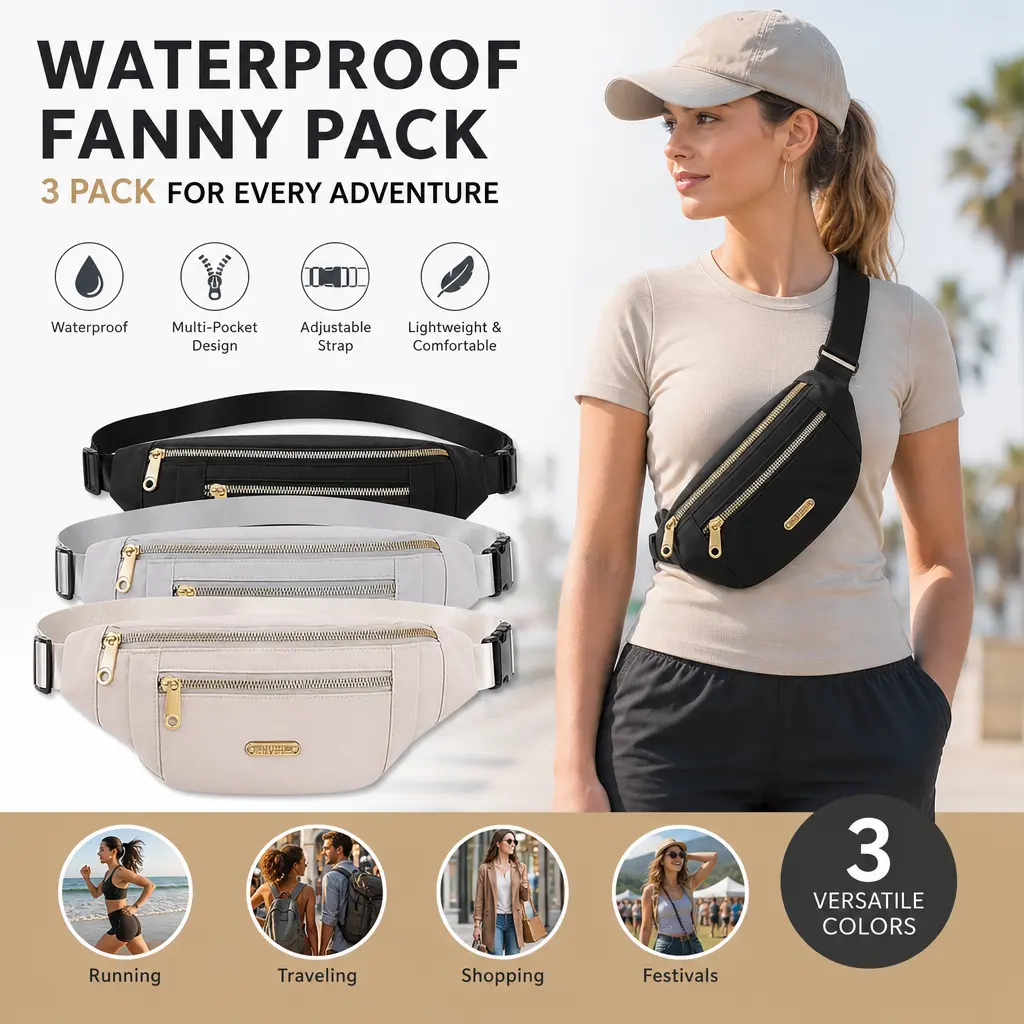 3-Pack Waterproof Fanny Pack with Adjustable Strap - Lightweight Waist Pouch for Men, Hands-Free Phone Bag with 4 Ways to Wear It, Phone Fit for Shopping, Date Night, Traveling (Office Desk Organizer Accessory), Running