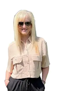Sonya Beach Chic Half Short Sleeve Woven Button Down Blouse with Utility Pockets Collared Long Crop Silky Roomy Basic Casual Shirt Top for Women's Summer Wear - Fitted