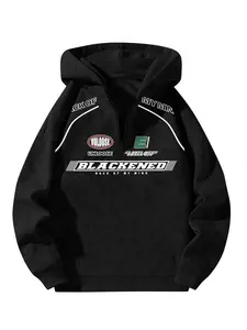 Men's Casual Loose-Fit Hoodie with Half-Zipper, Letter Print, Pockets, Long Sleeve, Fall & Winter Fashion, Daily Wear, Hooded Sweatshirts