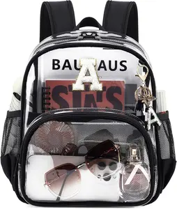 Clear Backpacks for Stadium Events Approved 12×6×12 Clear Bookbag for Women Mini Transparent Letter Back Pack, Black, Letter-A