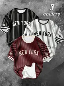 Men's "NEW YORK" Striped Print 3-Pack Baseball Style T-Shirts, Casual Streetwear Tops, Digital Print #NewYorkTee #BaseballStyleTee #StripedTShirt #3PackTees #TikTokMadeMeBuyIt