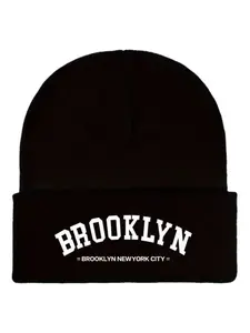 Unisex Brooklyn New York Print Knit Hat, Casual Fitted Winter Cap, Multi-Color Options, Fashionable Warm Hat for Men and Women