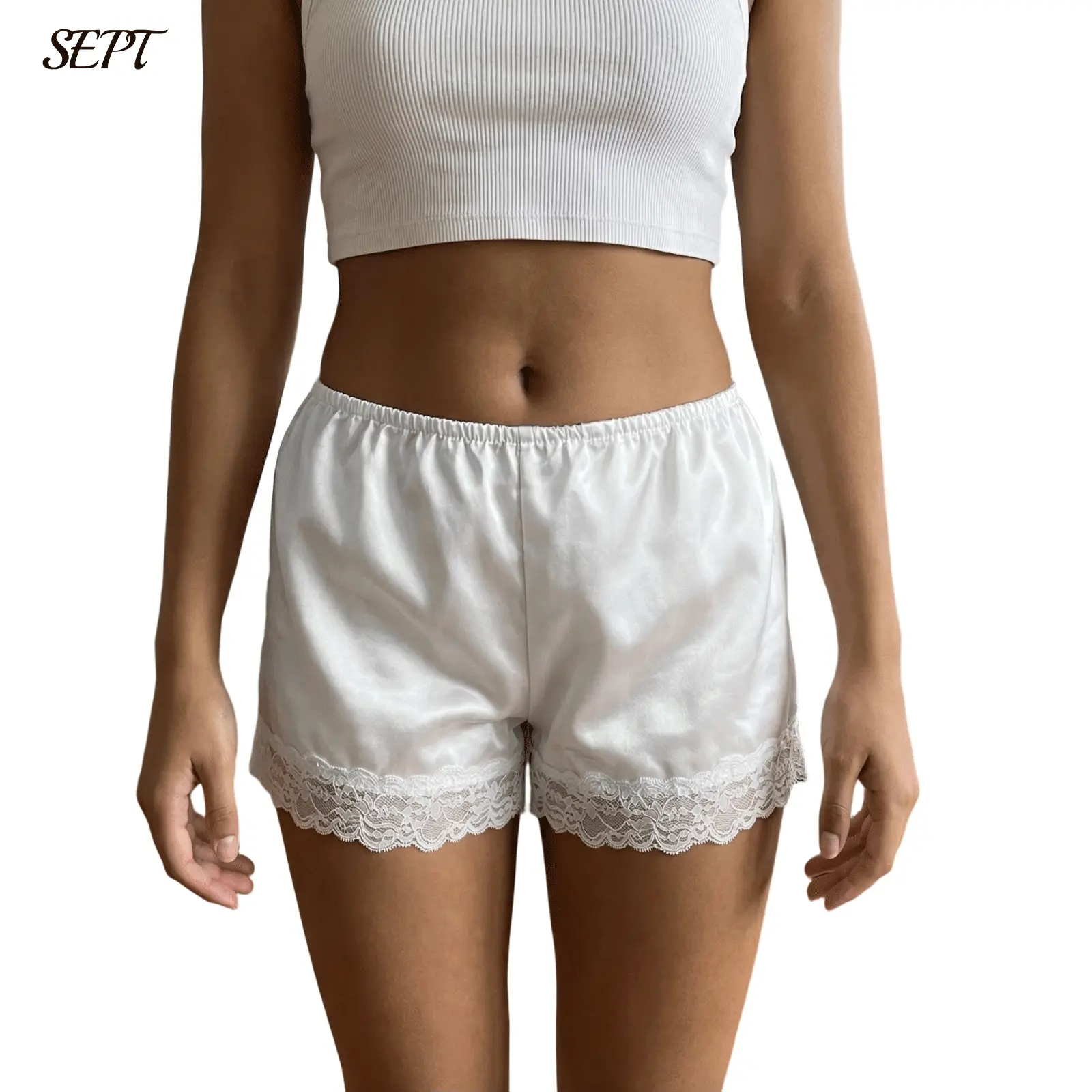 Women Satin Silk Shorts Lace Trim Patchwork Mini Micro Shorts Silky Low Rise Lounge Slip Bottoms