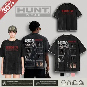Resident Evil Requiem - Leon S Kennedy RE9 horror Game Washed Tshirt 2 Sided Cotton unisex graphic tees game anime manga movie Menswear Casual gamer merch t-shirt Clothes Top
