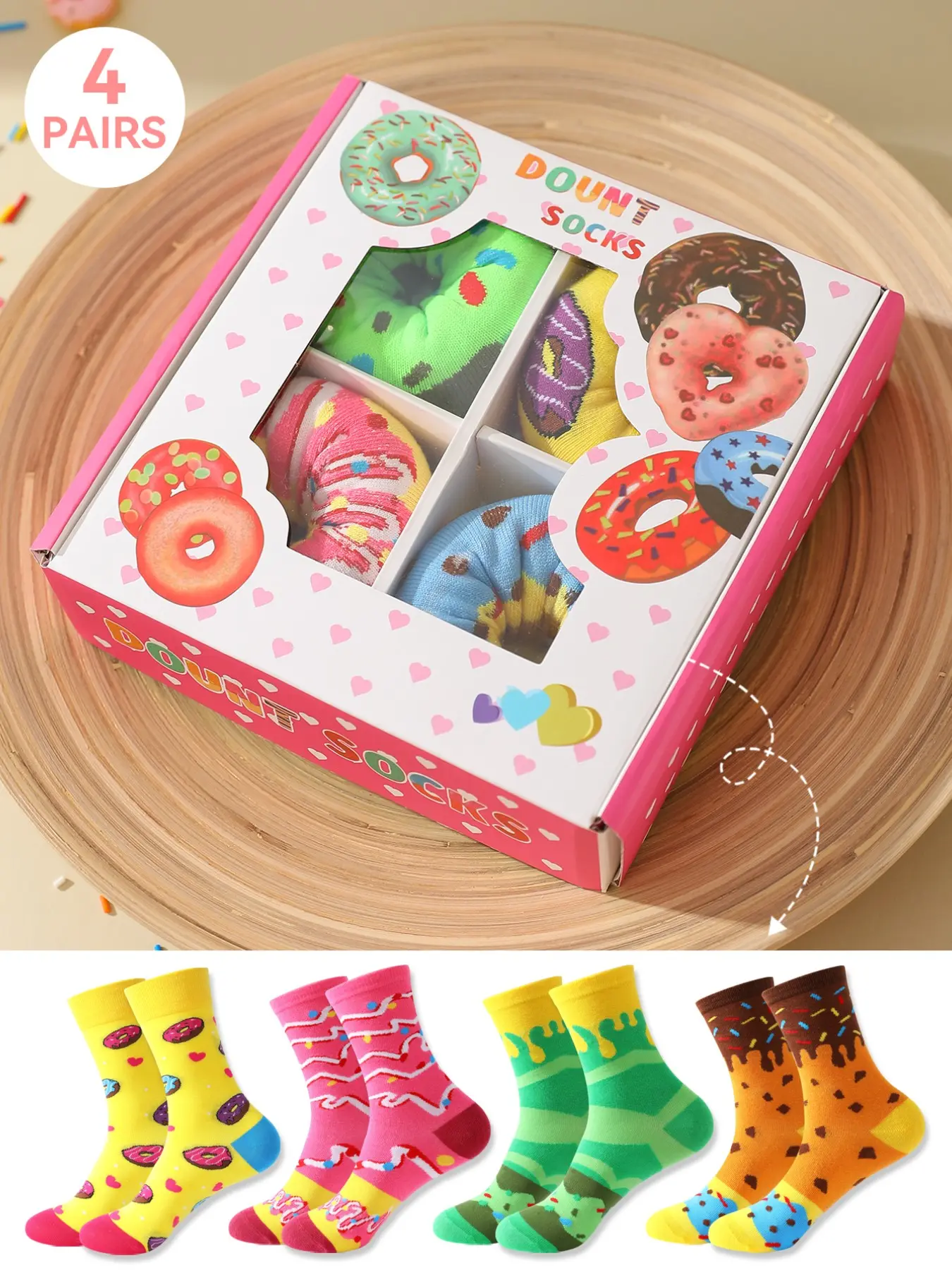 4 Pairs Mid-Calf Socks Gift Set, Soft Comfortable Donut Socks, Unisex Boxed, Creative Food Graphic Design, Perfect for Valentine's Day/Easter/Ramadan/Super Bowl, Fun Sweet Donut Socks Set
