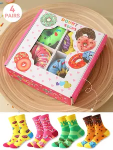4 Pairs Mid-Calf Socks Gift Set, Soft Comfortable Donut Socks, Unisex Boxed, Creative Food Design, Perfect for Valentine's Day/Easter/Ramadan/Super Bowl