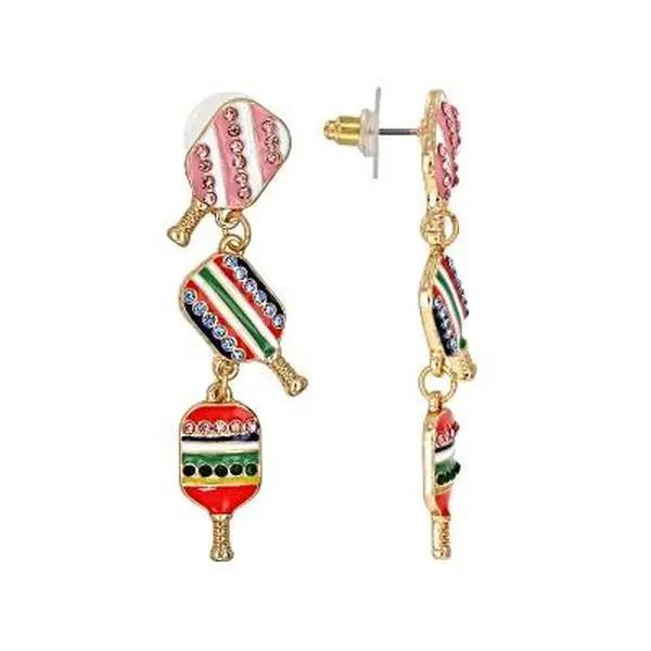 Jtv Pickleball Paddle Dangle Drop Earrings in Gold Tone with Multi-Color Enamel and Crystal Accents