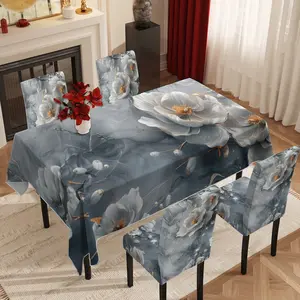 5pcs/7pcs Tablecloth and Chair Cover Set, Luxury Grey Marble Floral Printed Tablecloth Chair Cover Set, Stretch Chair Slipcover Combination for Dining Table Decoration, Marble Pattern Suitable for Restaurant / Kitchen / Banquet, 2D Flat Printing