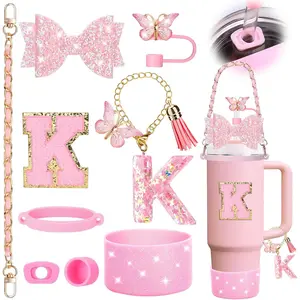 9PCS Pink Cup Accessories Set for Stanley Cup 30oz 40oz tumbler with handle - Includes Strap,Straw Bow Decorate,Straw Topper,Boot,Spill Proof Stoppers,Handle Charms,Sticker (Initials K)
