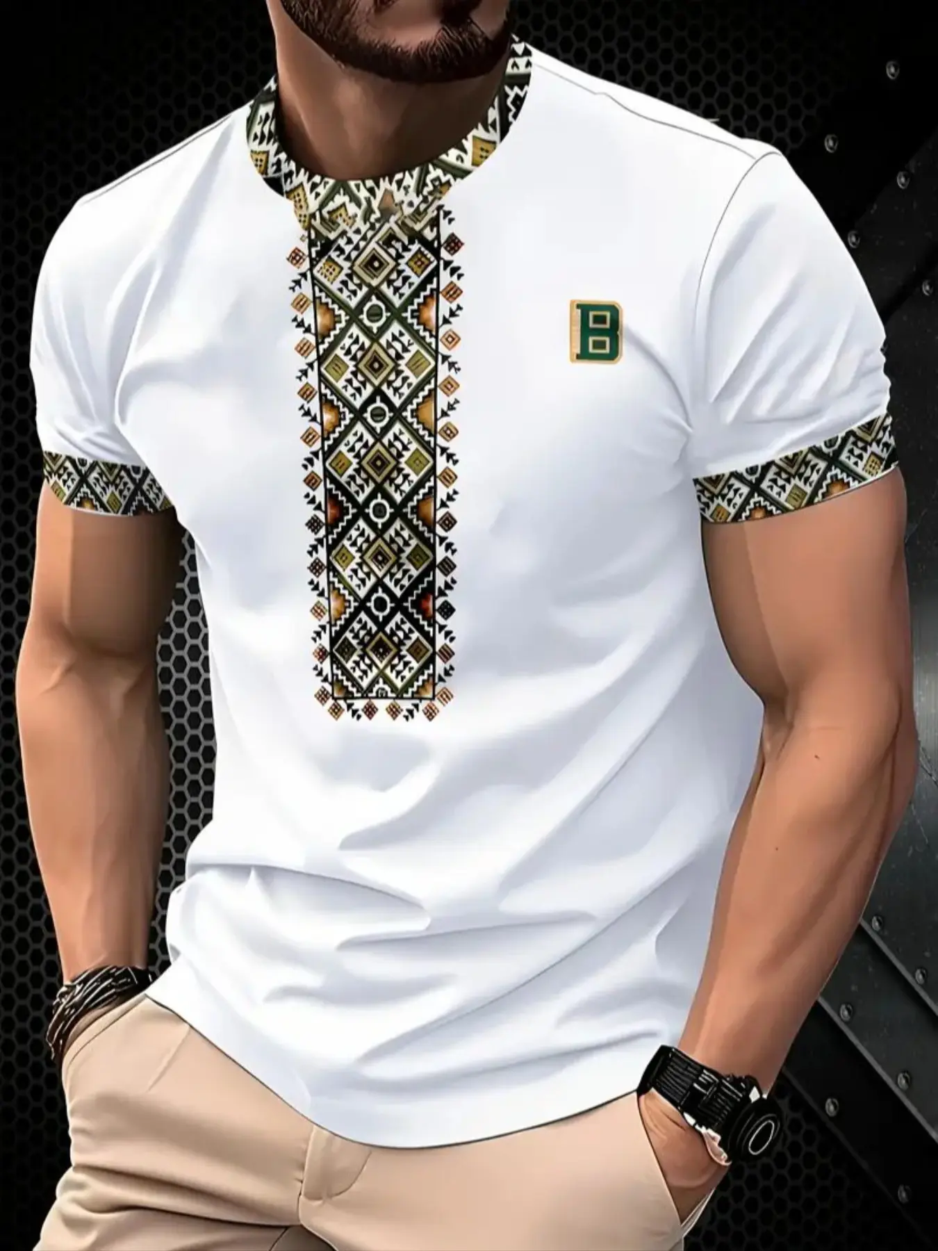 Men's Geometric Print Casual T-Shirt, Breathable Sweat-Wicking Fabric, All-Season Comfort Fit Shirt