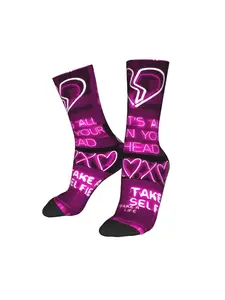 1 Pair Funny Crazy Sock for Men Cute Neon Pink Aesthetic Hip Hop Vintage Happy Quality Pattern Printed Crew compression Sock Novelty Gift
