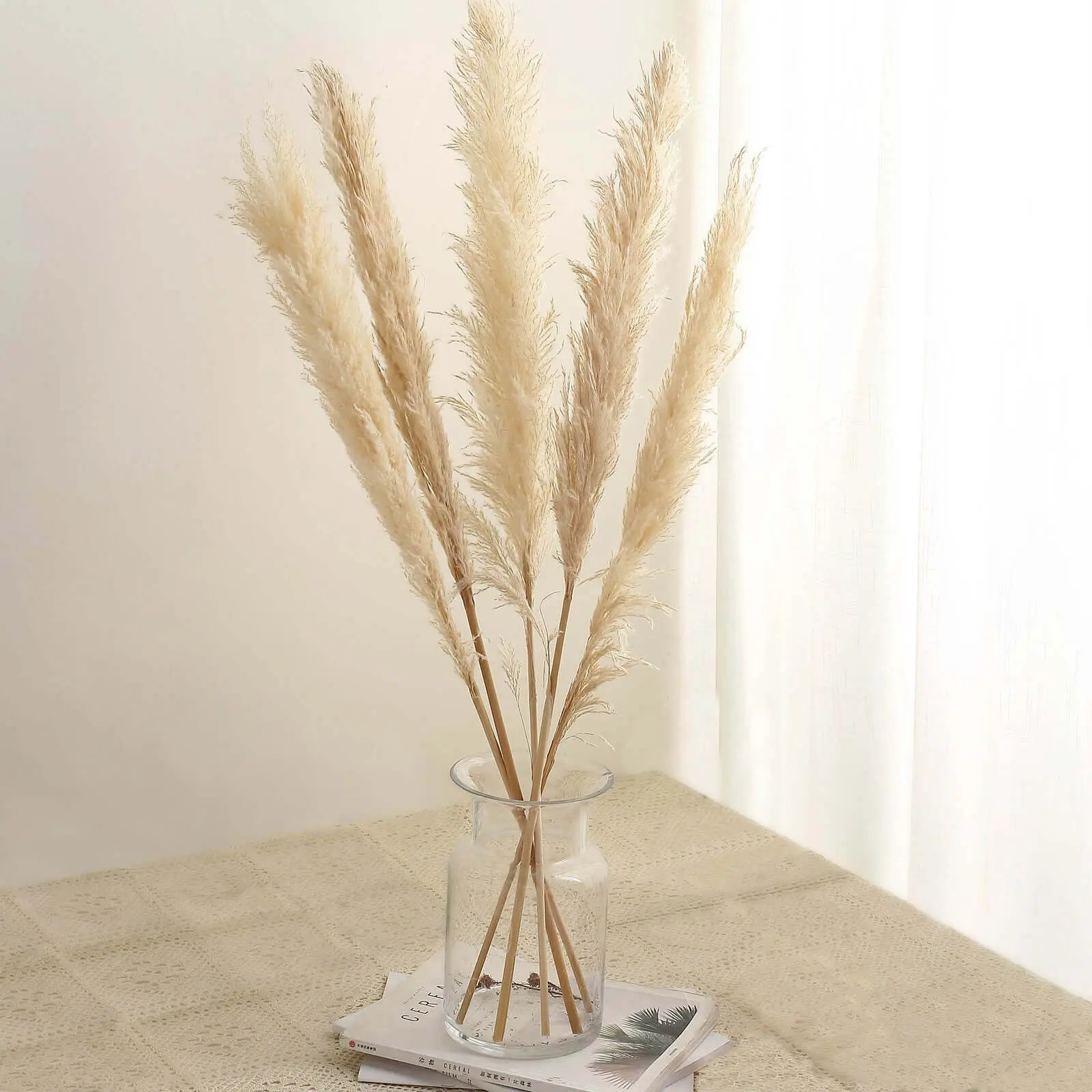 49" Natural Dried Pampas Grass Decor - 6 Wheat-Tint Stems, Tall Plant Sprays for Home Decoration, Outdoor Boho Chic Vase Displays & Event Styling