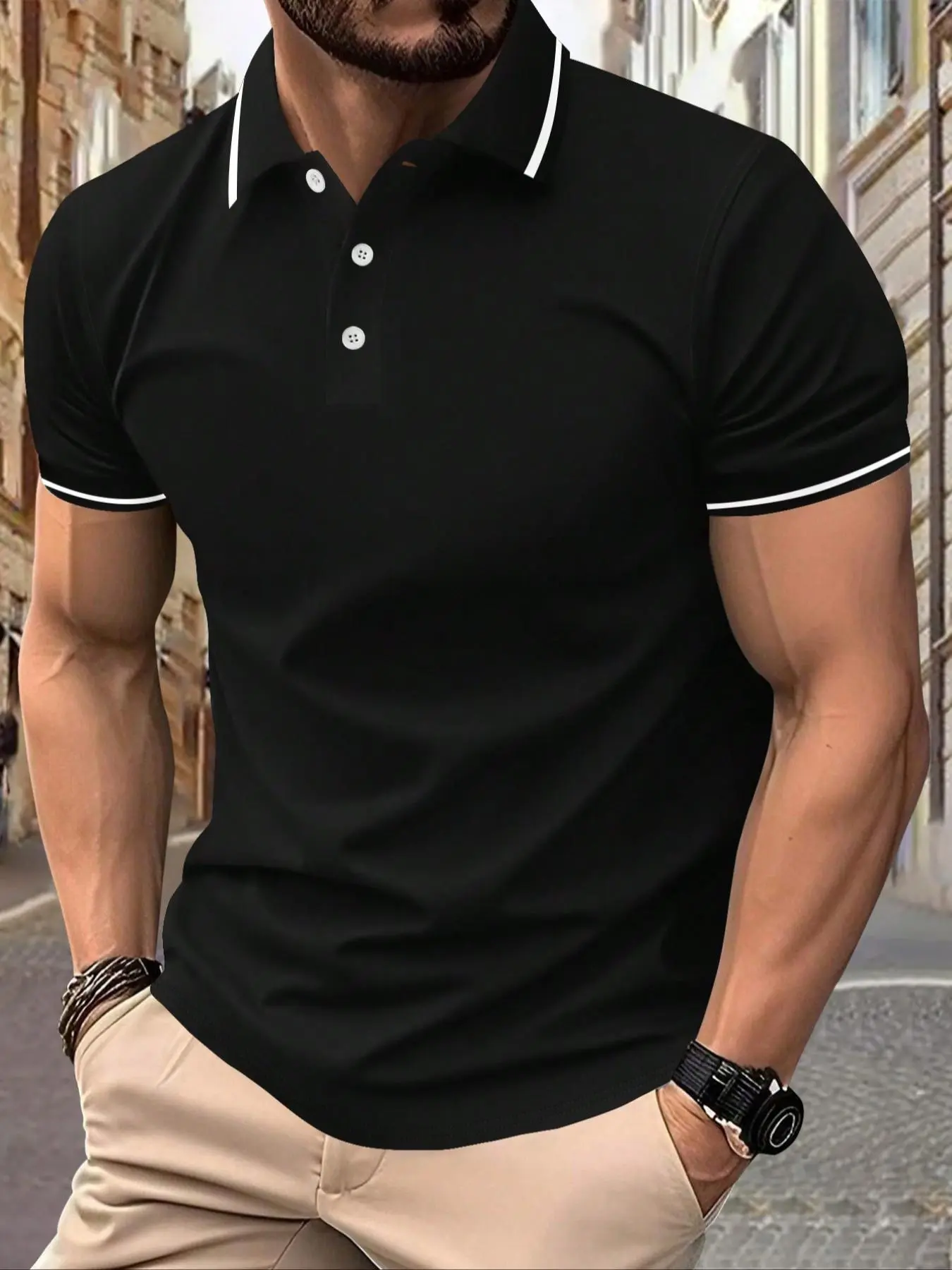 Men's Regular Fit Contrast Binding Short Sleeve Knit Polo Shirt, Casual Half Button Collared Top for Summer, Fashion Men's Clothes for Daily Wear, Fitted