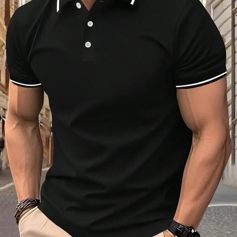 Men's Regular Fit Contrast Binding Short Sleeve Knit Polo Shirt, Casual Half Button Collared Top for Summer, Fashion Men's Clothes for Daily Wear, Fitted