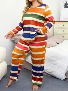 Women's Striped Print Round Neck Long Sleeve Top and Elastic Waist Pants Sleepwear Set, Plus Size Ultra Comfortable Home Sleeping Clothes
