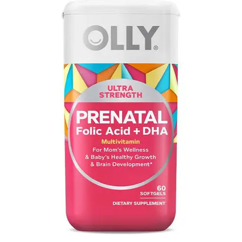 OLLY Ultra Strength Prenatal Multivitamin Softgels - Mint-Flavored, 30-Day Supply (60 Count) with Iron, Folic Acid, DHA, Vitamins C & E, Nutrients, Naturally Derived Glycerin, Carmine for Fetal Growth & Brain Development