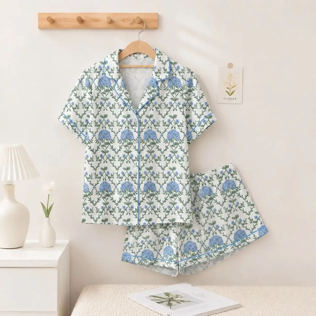 Women's Blue Green Hydrangea Satin Pajama Set, Short Sleeve Button Up Floral Sleepwear, Soft Breathable Loungewear for Her