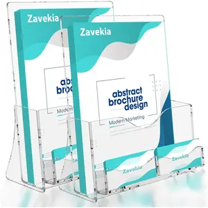 2 Pack Acrylic Brochure Holder With Business Card Holder, 8.5 x 11 Inches Clear Acrylic Literature Holder Plastic Flyer Display Stand