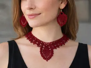 Rich Red Crochet Necklace and Earrings Set - Handmade Lace Jewelry
