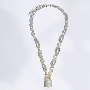 Linked Solid and Twisted Chain Lock Necklace with Pave Lock Charm Lobster Clasp Stylish 16" + 2" Extension for Women