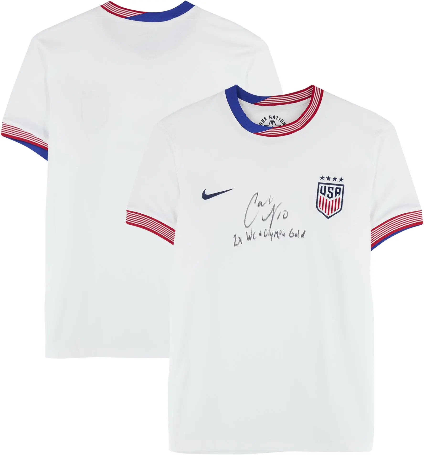 Carli Lloyd USWNT Autographed 2024 White Nike Jersey with "2X WC and Olympic Champ" Inscription - Front Signed - Fanatics Authentic Certified